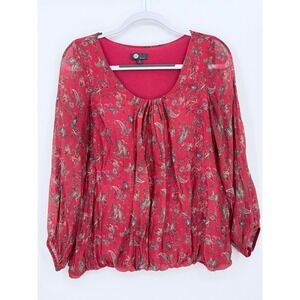 M Made in Italy Blouse Womens Small Red Paisley Silk Blend Long Sleeve Top